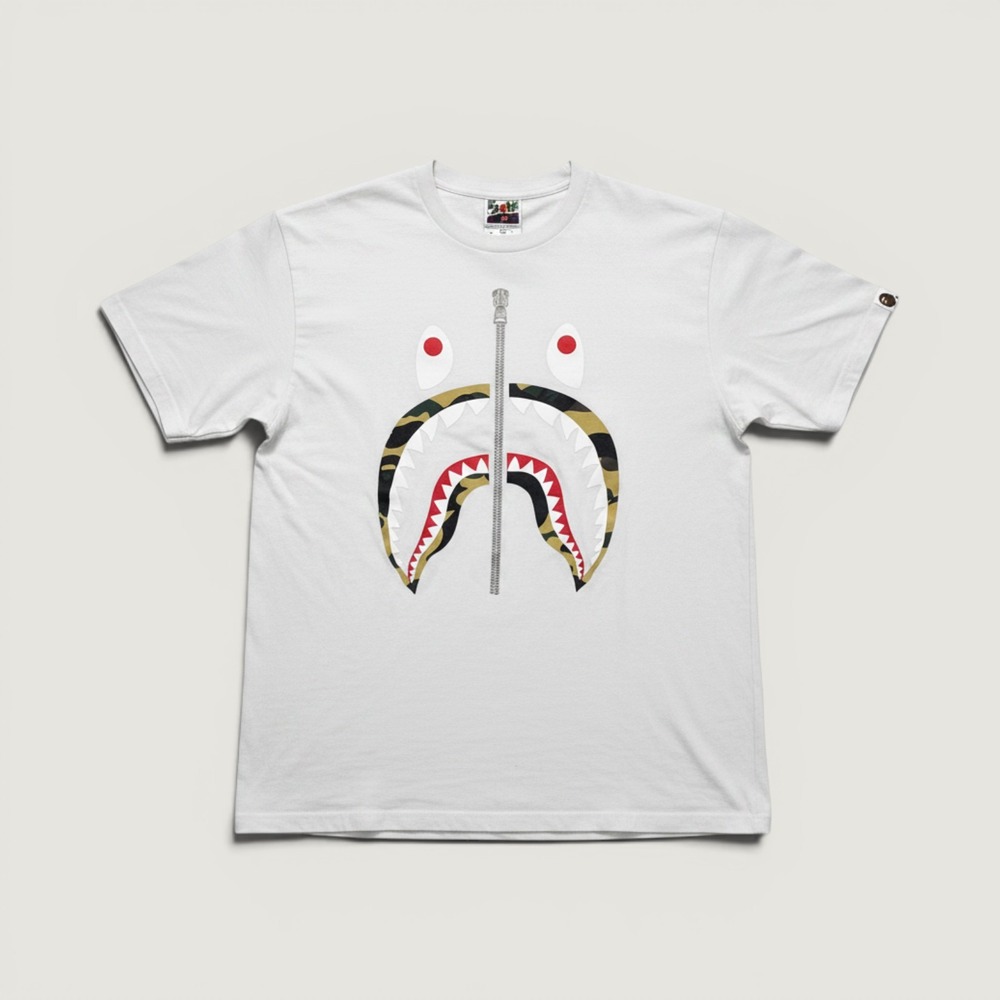A Bathing Ape T-Shirt Shark Face Zip 1st Camo White Large